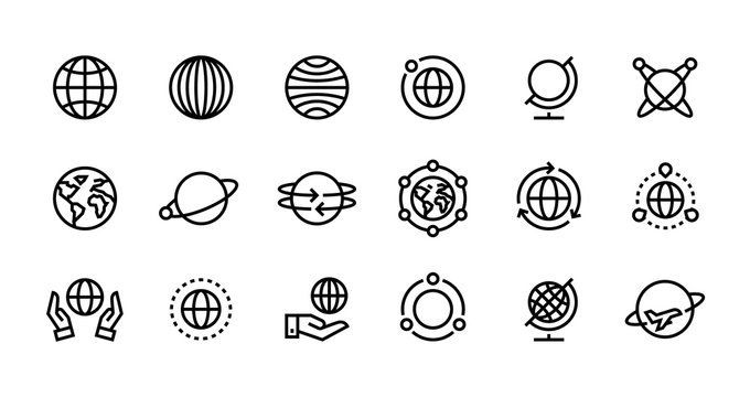 Globe line icons. World earth outline symbols for web interfaces, planet country map travel design template. Vector illustration stroke global travel set