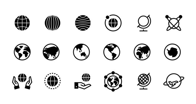 Globe icons. Geography and destination line and black symbol for web interface, planet country and world map icons design. Vector flat travel pictogram set with geographical outline earth