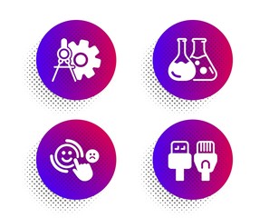 Customer satisfaction, Chemistry lab and Cogwheel dividers icons simple set. Halftone dots button. Computer cables sign. Happy smile, Laboratory, Settings. Rj45 internet. Technology set. Vector