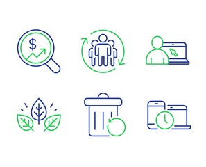 Organic tested, Teamwork and Online education line icons set. Recovery trash, Currency audit and Time management signs. Bio ingredients, Employees change, Internet lectures. Backup file. Vector