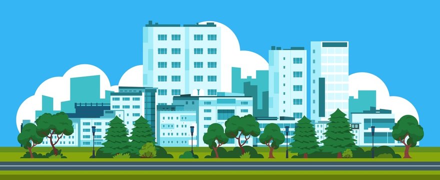 Cartoon panorama city. Park landscape with urban street and houses, cityscape with skyline of office buildings. Vector illustrations exterior city house scenery with park tree and road