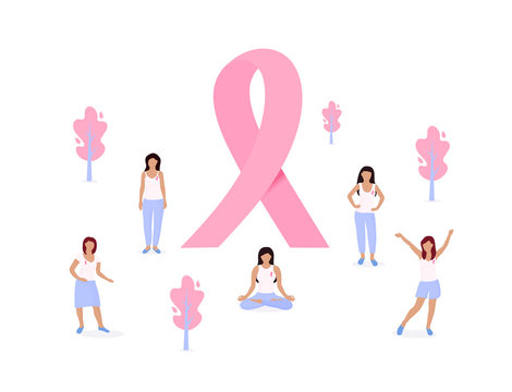 National Breast Cancer Awareness Month. A huge pink ribbon. Tiny women spend time in the park