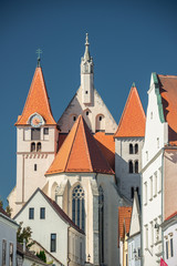 Fototapeta na wymiar The Historic City of Eggenburg with Church and old City walls. Square, parish