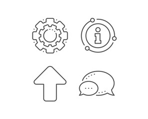 Upload arrow line icon. Chat bubble, info sign elements. Direction Arrowhead symbol. Navigation pointer sign. Linear upload outline icon. Information bubble. Vector