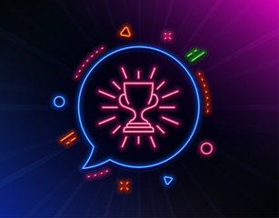 Award cup line icon. Neon laser lights. Winner Trophy symbol. Sports achievement sign. Glow laser speech bubble. Neon lights chat bubble. Banner badge with trophy icon. Vector