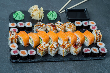 Sushi Set - Different Types of Maki Sushi and Nigiri Sushi.