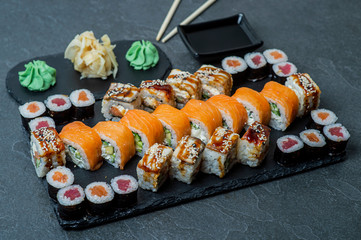 Sushi Set - Different Types of Maki Sushi and Nigiri Sushi.
