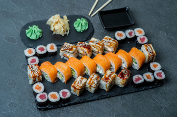 Sushi Set - Different Types of Maki Sushi and Nigiri Sushi.