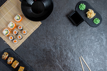 Obraz premium Sushi set, Japanese food, roll, Fresh and delicious sushi