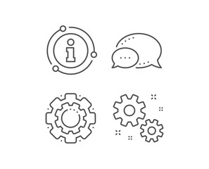 Work line icon. Chat bubble, info sign elements. Business management sign. Cogwheel or gear symbol. Linear work outline icon. Information bubble. Vector