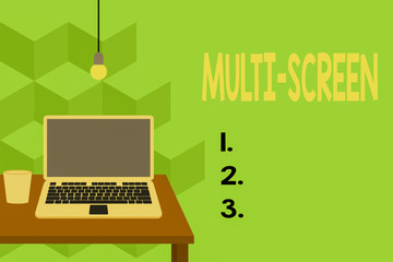 Text sign showing Multi Screen. Business photo text Having or involving several screen especially in a cinema Front view open laptop lying on wooden desktop light bulb falling glass