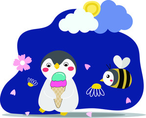 vector of cute penguin eat ice cream and wear bee costume in the night illustration. flowers flow in the dark blue sky.