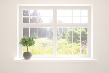 Stylish empty room in white color with summer landscape in window. Scandinavian interior design. 3D illustration
