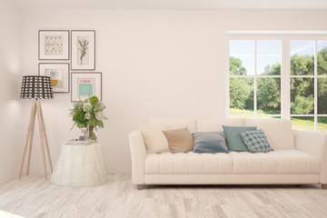 Stylish room in white color with sofa and summer landscape in window. Scandinavian interior design. 3D illustration