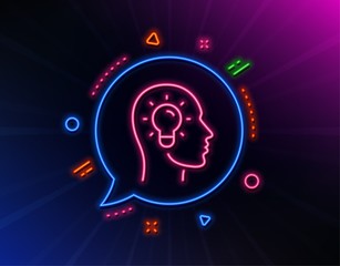 Idea head line icon. Neon laser lights. Lightbulb sign. Core value symbol. Glow laser speech bubble. Neon lights chat bubble. Banner badge with idea head icon. Vector