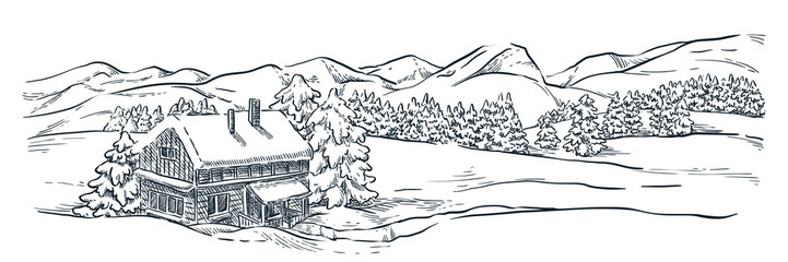 Wooden ski resort house in snowy winter mountains. Mountains, spruce, pine trees landscape, vector sketch illustration.