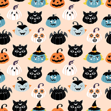Halloween holiday cute seamless pattern design.