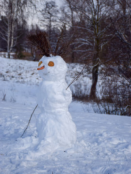 picture with snowman in the winter landscape in the forest