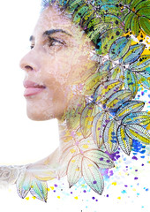 Paintography. Double exposure profile of a young natural beauty, with face and hair combined with...