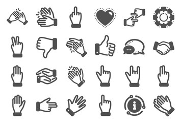 Hand gestures icons. Handshake, Clapping hands, Victory. Horns, Thumb up finger, drag and drop icons. Donation hand gestures, middle finger, palm. Helping hand, ok sign. Quality set. Vector