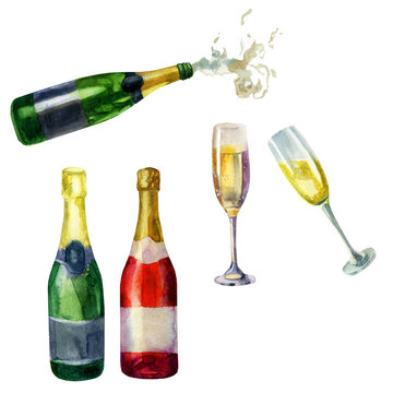 Open bottle of champagne, pouring foam, red bottle of champagne, sparkling wine, green bottle of champagne, wine glasses, glasses of champagne, sparkling wine.