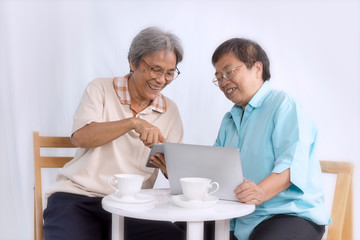 Fototapeta na wymiar Love concept; Two senior women using tablet and laptop at home