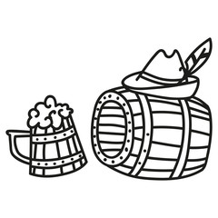 Fototapeta premium Cartoon doodle hand drawn beer banner. Brewing Festival. Brewery signboard. Funny artwork. Contour picture with barrel and beer mug.