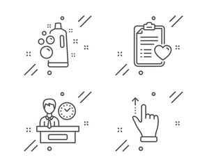 Clean bubbles, Patient history and Presentation time line icons set. Touchscreen gesture sign. Laundry shampoo, Medical survey, Report. Slide up. Business set. Line clean bubbles outline icon. Vector