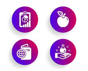Travel passport, Report and Apple icons simple set. Halftone dots button. Chemistry lab sign. Trip document, Presentation chart, Fruit. Laboratory. Business set. Vector