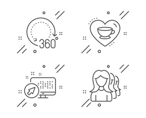 Web system, 360 degrees and Love coffee line icons set. Women headhunting sign. Computer, Panoramic view, Cappuccino mug. Women teamwork. Business set. Line web system outline icon. Vector