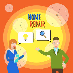 Text sign showing Home Repair. Business photo text maintenance or improving your own house by yourself using tools Business Partners Colleagues Jointly Seeking Problem Solution Generate Idea