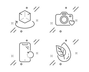 Augmented reality, Smartphone recovery and Photo camera line icons set. Organic product sign. Virtual reality, Phone repair, Love photos. Leaf. Technology set. Vector