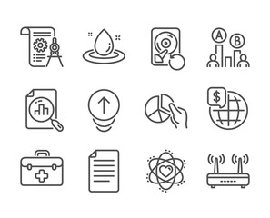 Set of Science icons, such as File, Atom, Wifi, Divider document, Fuel energy, Swipe up, Pie chart, Ab testing, First aid, Recovery hdd, Analytics graph, World money line icons. File icon. Vector