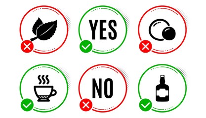 Mint leaves, Peas and Espresso icons simple set. Yes no check box. Whiskey bottle sign. Mentha herbal, Vegetarian seed, Hot drink. Scotch alcohol. Food and drink set. Mint leaves icon. Vector