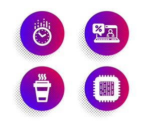 Online loan, Takeaway and Time icons simple set. Halftone dots button. Cpu processor sign. Discount percent, Takeout coffee, Clock. Computer component. Business set. Vector