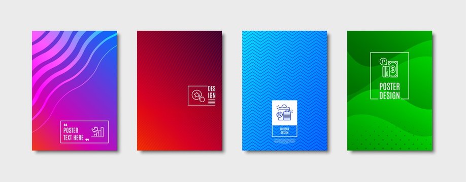 Shopping bags sign. Poster design, cover template. Growth chart, Parking payment and Loyalty star line icons set. Diagram graph, Paid garage, Bonus reward. Sale discount. Finance set. Vector