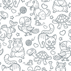 Seamless pattern with cute Pets, dark outlines on white background