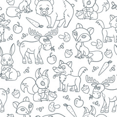 Seamless pattern with cartoon forest animals, contoured dark beasts on white background