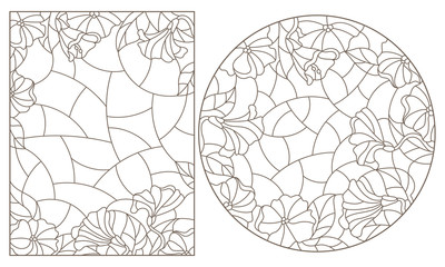 Set of contour illustrations in stained glass style with floral arrangements, dark contours on a white background - obrazy, fototapety, plakaty