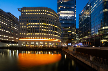 Canary Wharf, London, United Kingdom 2nd August 2019: London financial centre Canary Wharf in the evening