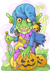 cartoon angry goblin with a knife in his hand, funny illustration