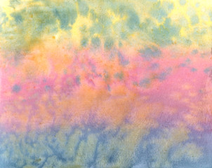 Beautiful abstract multicolor smudges watercolor background, rainbow sky in hand painted watercolor background spring summer design