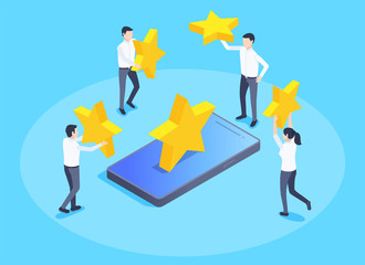 isometric vector image on a blue background, business concept, people carry rating stars to a smartphone with a big star, app and customer rating