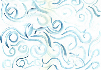 Watercolor blue lines like winter blizzards or waves in vintage style. Christmas illustration on white background.