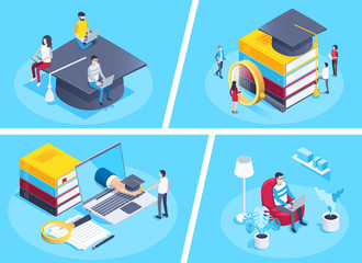 isometric vector image on a blue background, young people look at a stack of multi-colored books at the top of which is a bachelor's hat, college and university, students in the library
