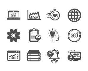Set of Science icons, such as Trade chart, Web traffic, Online statistics, Timer, Service, Full rotation, Medical prescription, Servers, Idea, Globe, Time management, Bitcoin system. Vector