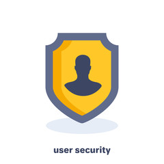 flat vector image on a white background, business icon, shield with a silhouette of a man, user security