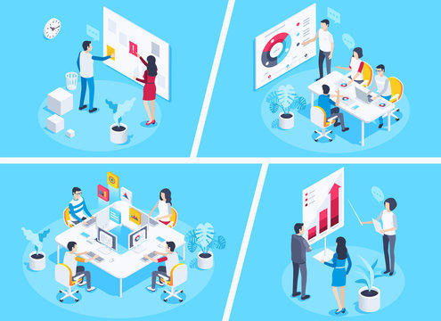 isometric vector image on a blue background, young people work in the office at the same table, teamwork for success