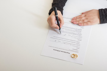 Divorce concept. Hands of wife, husband signing decree of divorce, canceling marriage, legal...