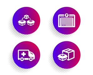 Parcel shipping, Parking garage and Ambulance emergency icons simple set. Halftone dots button. Packing boxes sign. Send box, Automatic door, Medical transport. Delivery box. Vector